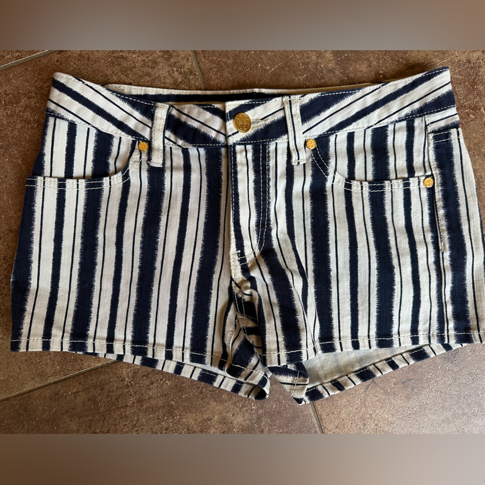 Tory Burch navy striped jean shorts gold logo button size 27 front back pockets